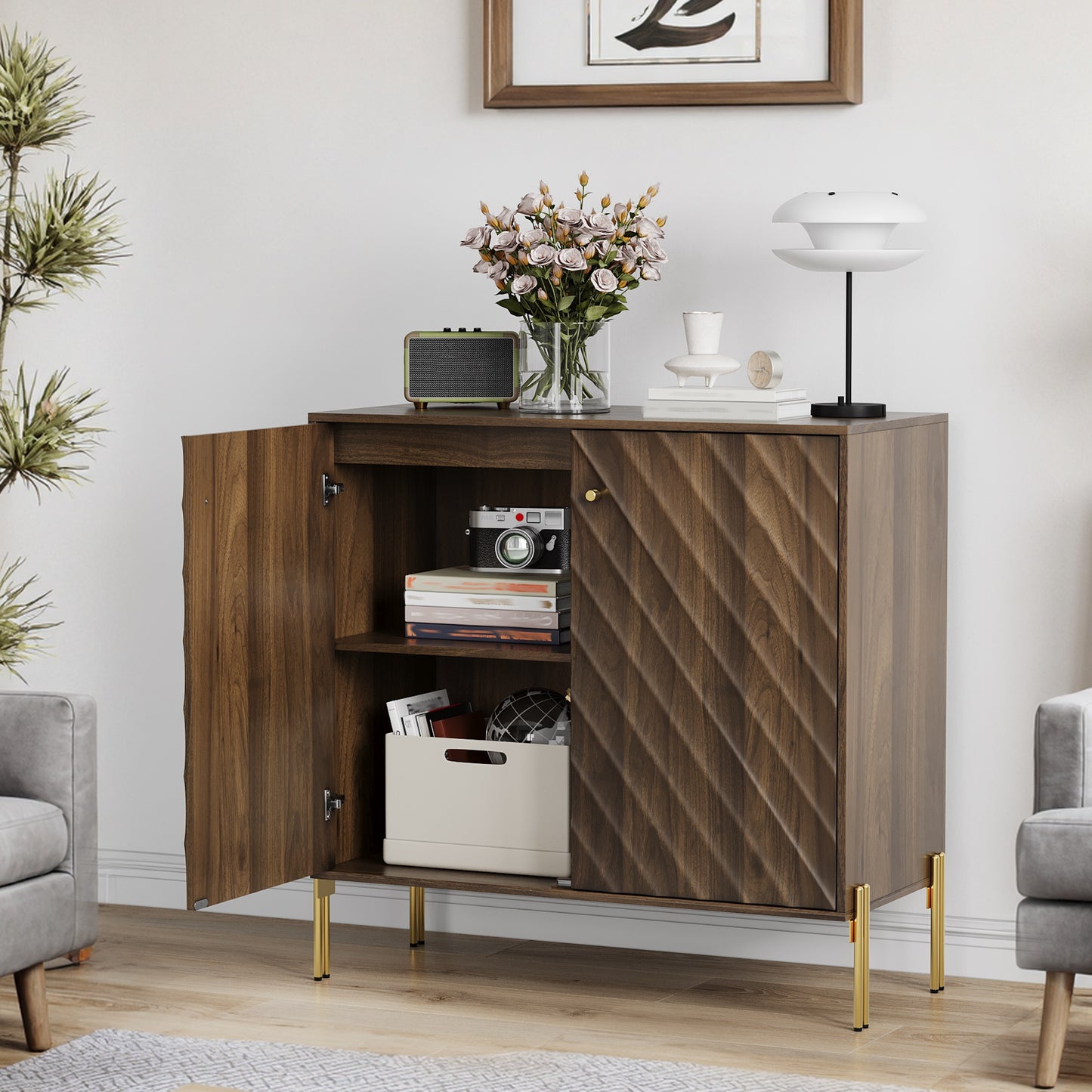 Sideboard Buffet With Storage, Mid-century Modern Style Storage Cabinets, Walnut Sideboard For Living Room, Dining Room, Entryway, Hallway, Kitchen