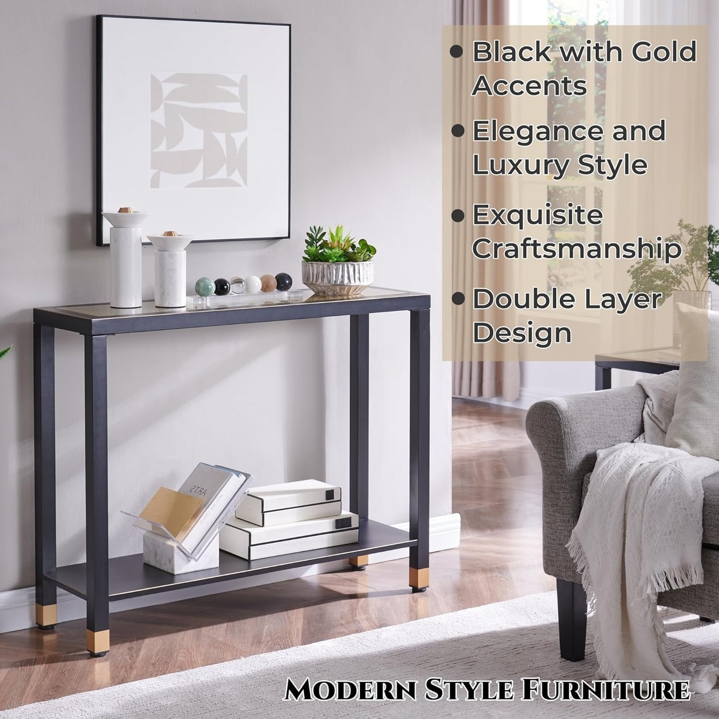 Glass Entryway Table, 2-Tier Entry Way Console Entrance Table, 41L Narrow Sofa Table With Shelves, Ideal For Hallway, Entryway, Living Room, Foyer, Corridor, And Office Gold  Black