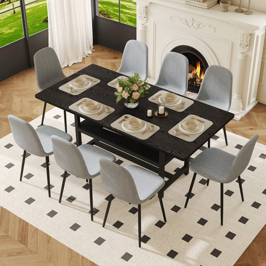 Table And Chair Set.71x35.4 Inch Black Grain Spliced Dining Table With Storage Function In The Middle Of The Table Legs.Paired With 8 Light Gray Linen-Cotton Material High Resilience Dining Chairs.