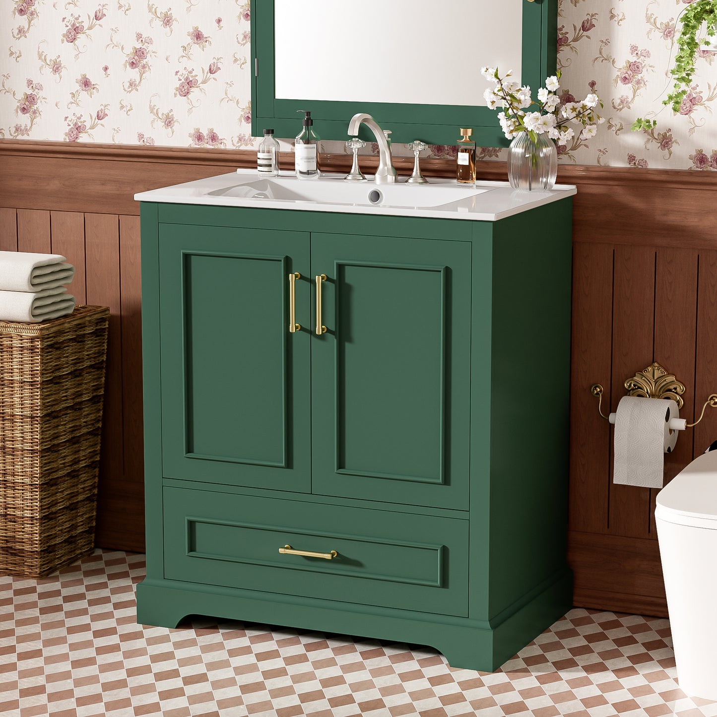 30  Bathroom Vanity With Sink, MDF And Solid Wood Frame, 1 Divider Drawer And 2 Soft-close Doors  Double Shelf On Door , Freestanding Vanity