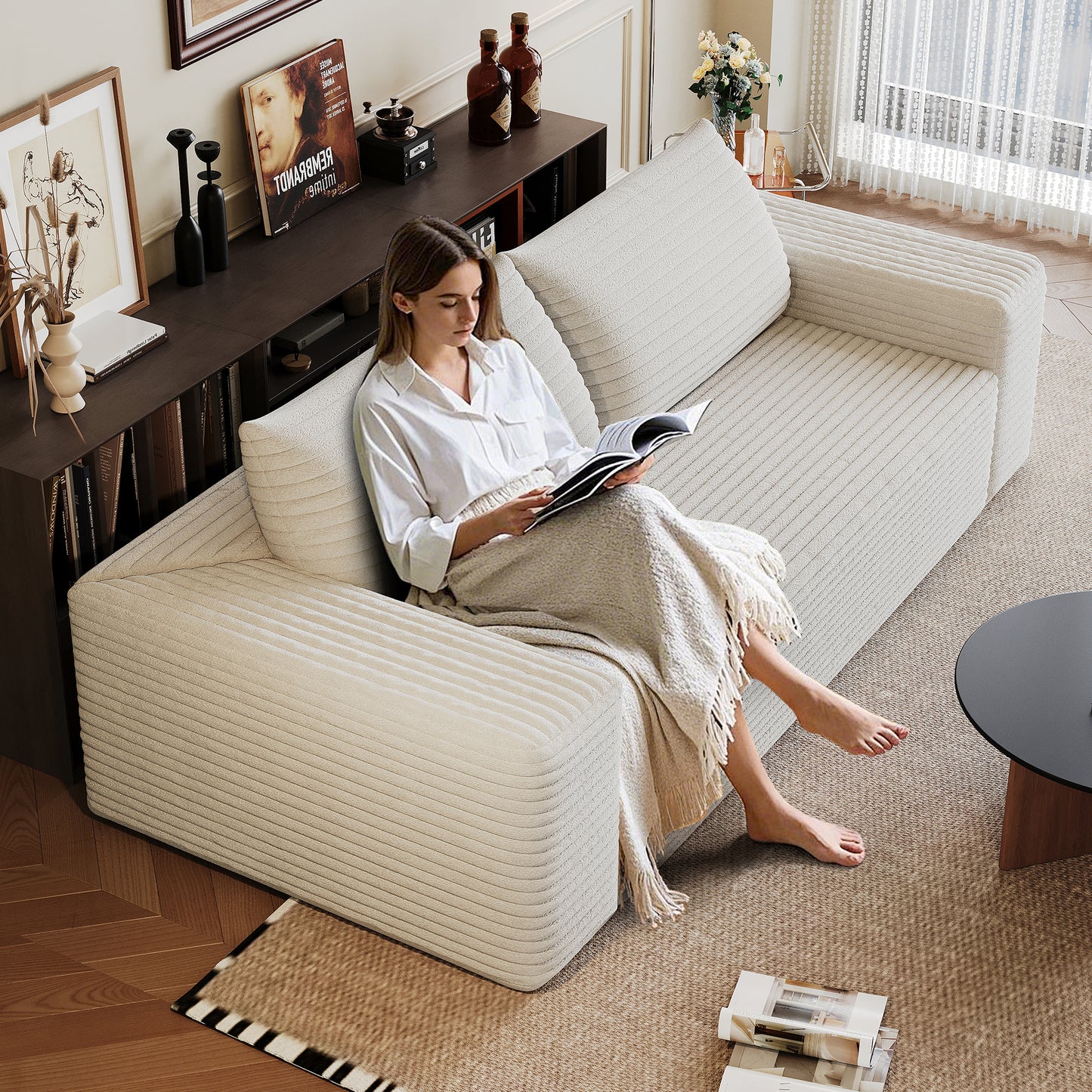 71  3Setaser Sofa,Corduroy Fabric,Deep Seat Couches,Comfy Loveseat Sofa,No Assembly,1pcs For Living Room, Bedroom,Conference Room ,Apartment,White