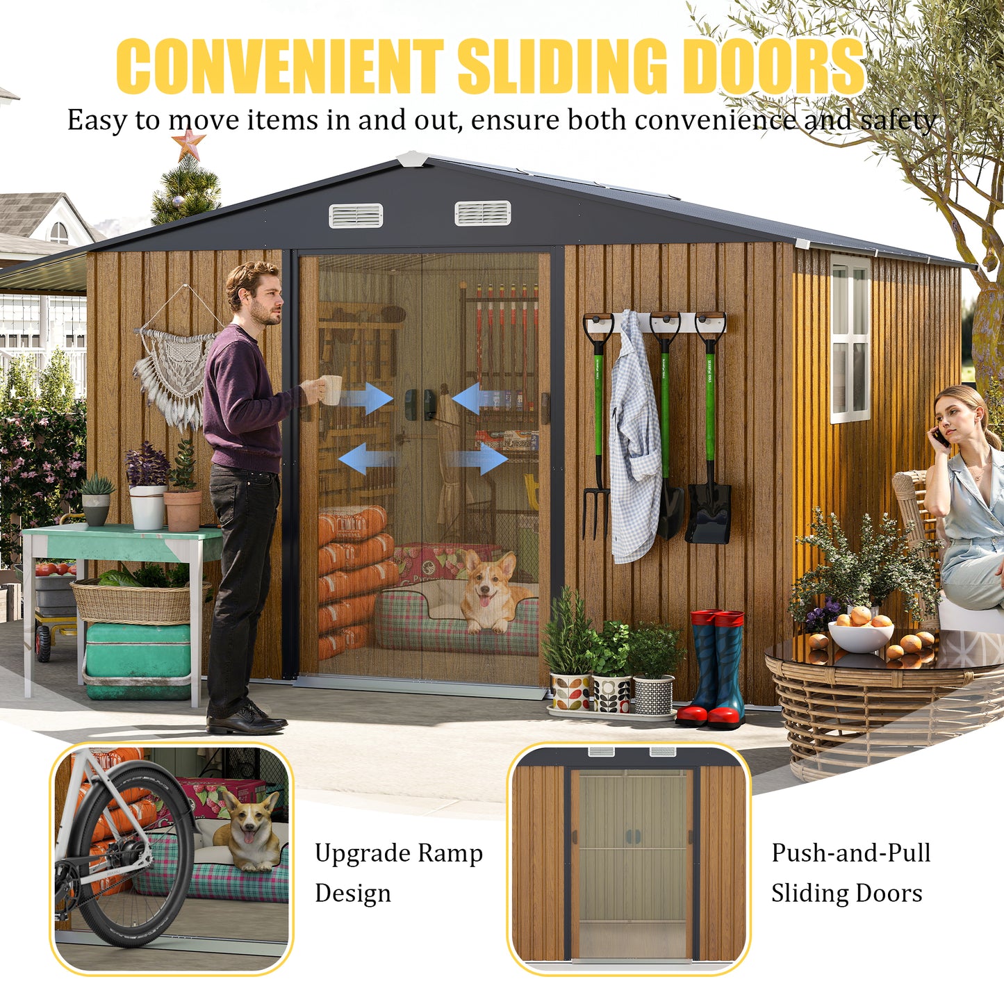 10x12 Ft Outdoor Storage Shed, Extra Large Metal Shed With Lockable Doors, Windows, Outside Steel Tiny House Ideal For Garden, Backyard, Patio Utility, Tool Storage, Chicken Coops
