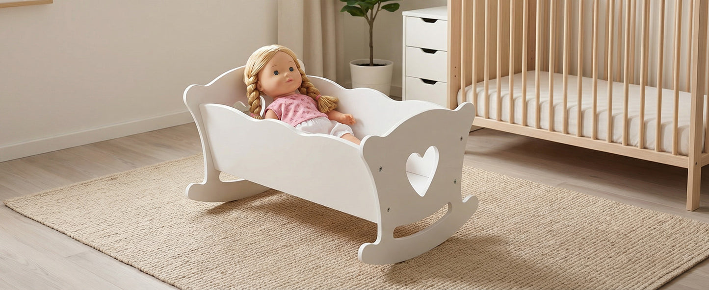 Wooden Play Doll Cradle Rocking Baby Doll Crib With Pink Bedding Set For Dolls Up To 20 Inches