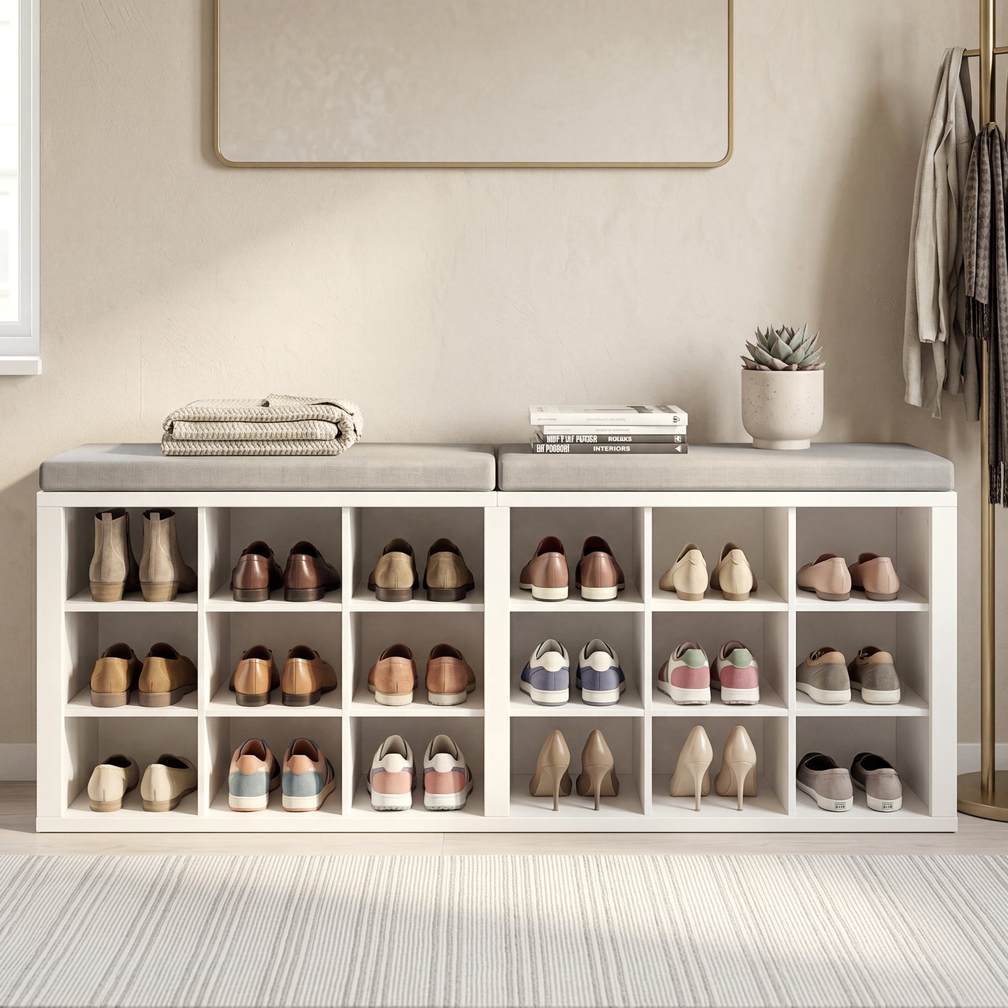 Shoe Storage Bench Minimalist Wood Strong Load Bearing Entryway Bench With Cushion 18 Compartments For Hallway Living Room Bedroom