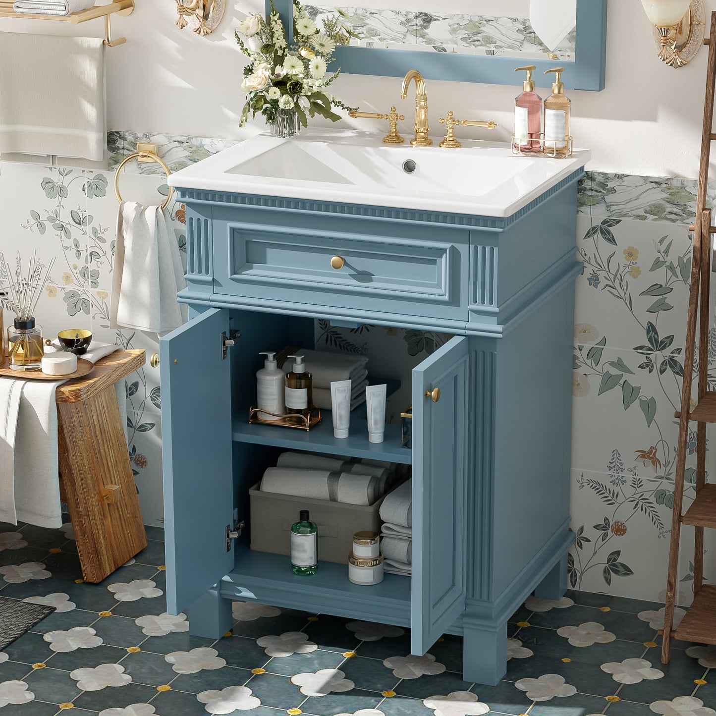 24   Vintage Elegance Bathroom Cabinet With Soft Closing Doors And Adjustable Shelf, Bathroom Vanity With Ceramic Sink