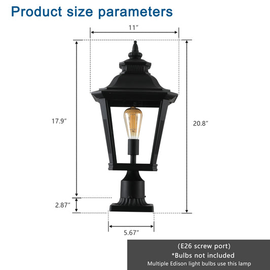 21in H 1-Pack Outdoor Post Lantern Light -Vintage Black Metal & Clear Glass Pillar Lamp For Garden, Gate, Driveway, And Pathway Lighting With Elegant Design  Bulb Not Included