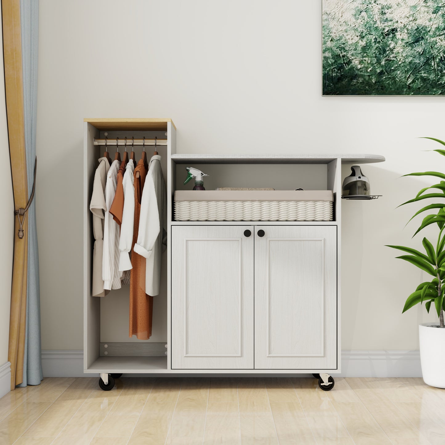Ironing Cart With Rolling Ironing Board, Multipurpose Ironing Cabinet With Wheels And A Adjustable Shelf, Compact Ironing Solution For Laundry Room, Bedroom,Cloakroom-Antique White