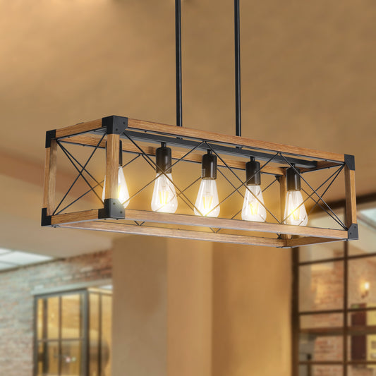 Same As W1340111207 L1011 32  Walnut Industrial Farmhouse Rectangle Pendant Light, 5-Light Chandelier For Dining Room, Kitchen Island, Cafe Decor No Bulbs