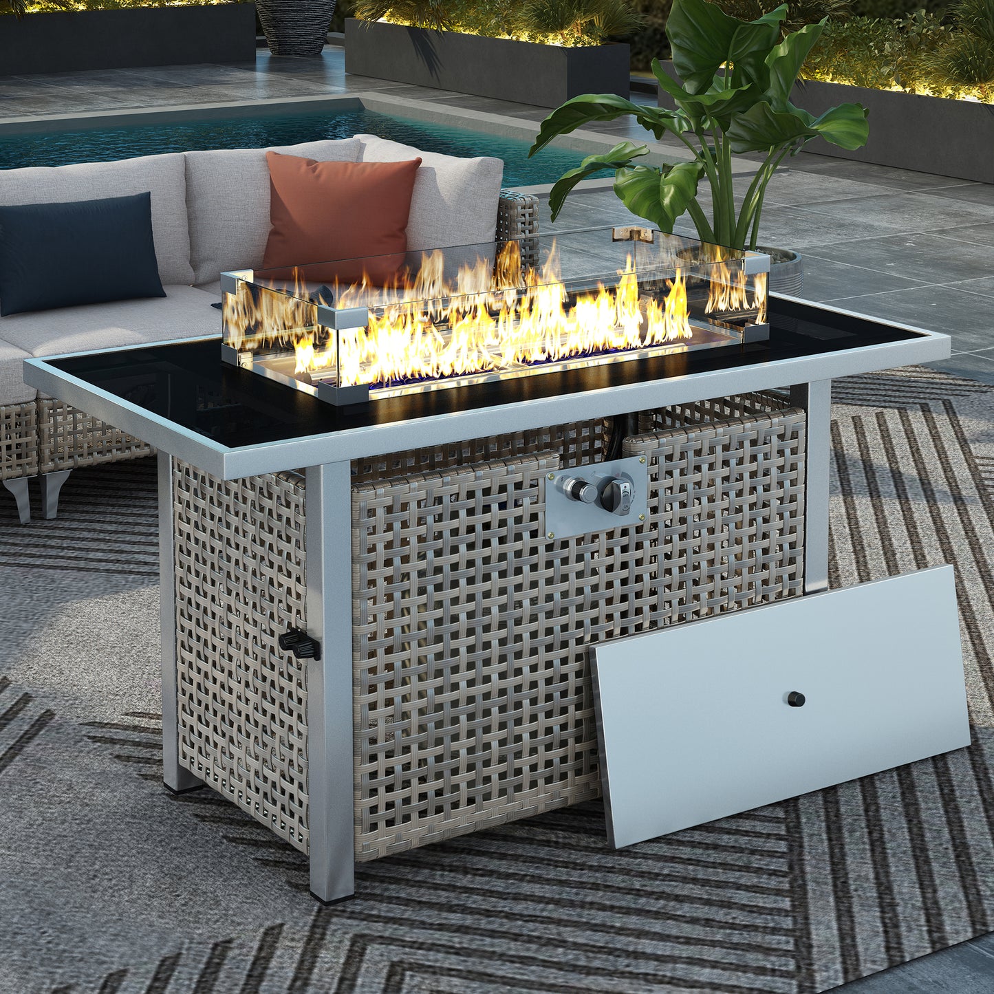 K&K 43  Propane Gas Fire Pit Table, 60000 BTU Rectangular Open Weave Wicker Fire Pit With Glass Wind Guard For Outside Patio Deck Garden  Grey