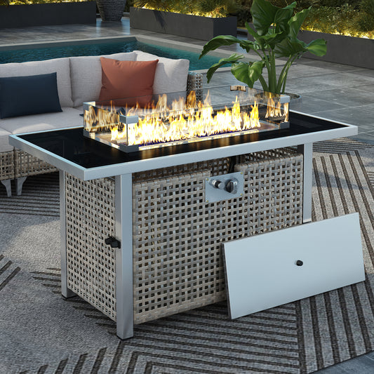 K&K 43  Propane Gas Fire Pit Table, 60000 BTU Rectangular Open Weave Wicker Fire Pit With Glass Wind Guard For Outside Patio Deck Garden  Grey
