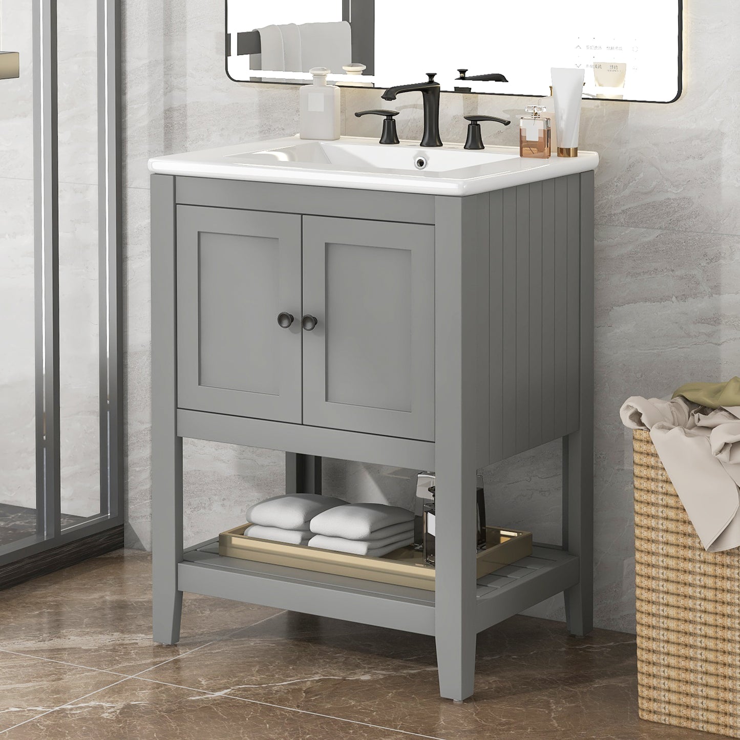 24  Grey Modern Sleek Bathroom Vanity Elegant Ceramic Sink With Solid Wood Frame Open Style Shelf