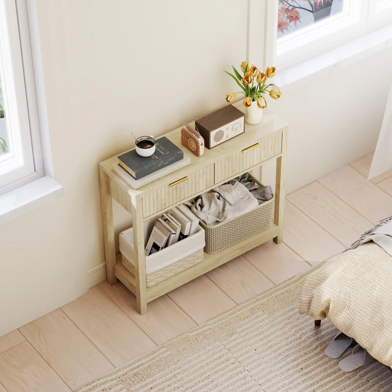 Console Table With Storage, Narrow Entryway Table With Fluted Panel Drawers And Shelf For Hallway, Natural