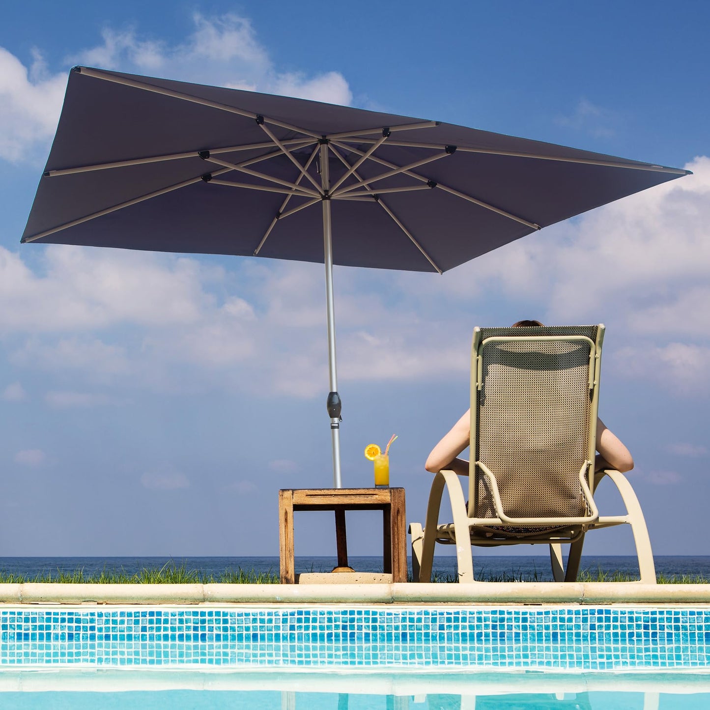 Rectangle Patio Umbrella With Crank Lift , Navy Blue  Base Not Included