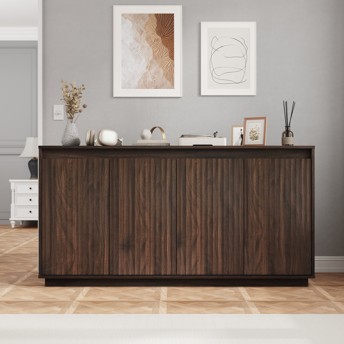 4 Door Walnut Wood Sideboard Buffet Cabinet With Power Outlet, Wavy Vertical Texture Accent Cabinet With No-Handle Design  Door Top Edge As Handle , Freestanding Kitchen Storage Cabinet For Dining Roo