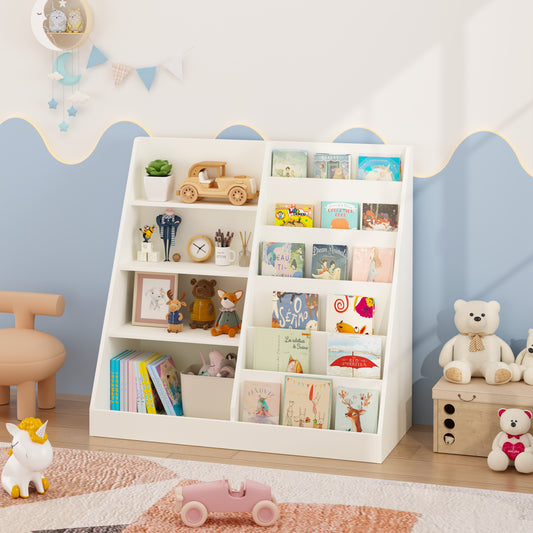 Kids Bookshelf And Toy Storage Organizer, Multifunctional 4 Tier Wooden Kids Book Shelf With  Bookcase Display Stand In Kids Room Playroom Nursery For Kids, Children, Toddlers White