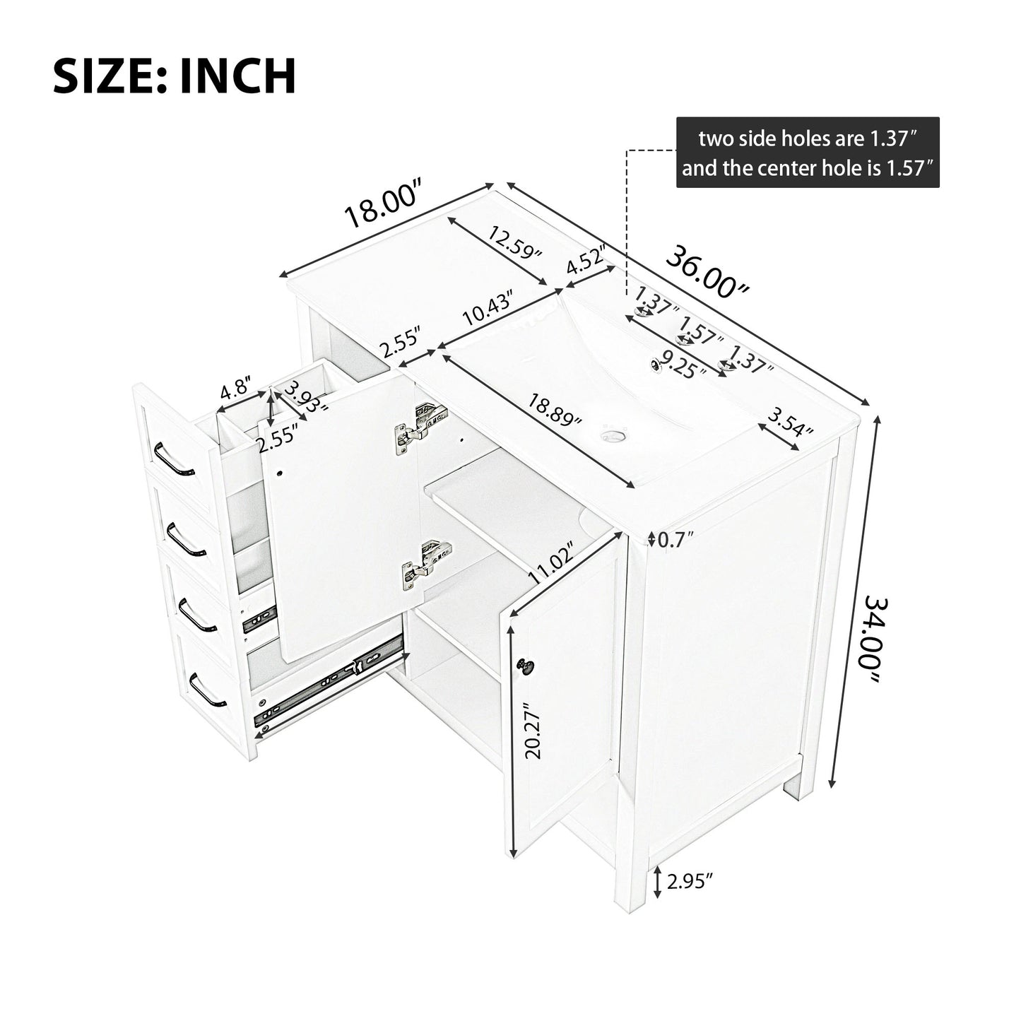 36  Bathroom Vanity With Sink Top, Bathroom Vanity Cabinet With Two Doors And Two Drawers, Solid Wood, Open Shelf, MDF Boards, Two Package, Grey