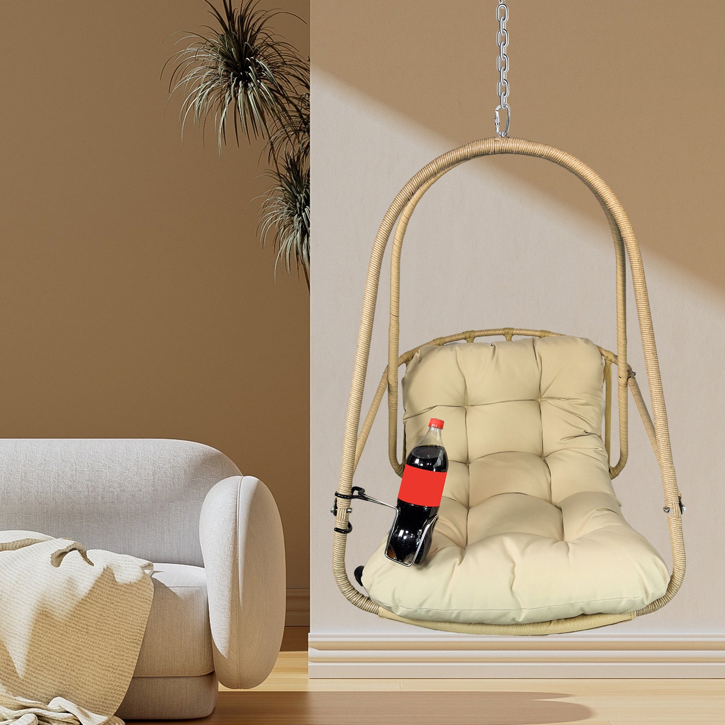 Swing Egg Chair Without Stand Indoor Outdoor Wicker Rattan Patio Basket Hanging Chair With C Type Bracket , With Cushion And Pillow,Patio Wicker Folding Hanging Chair  Special Construction Cup Holder