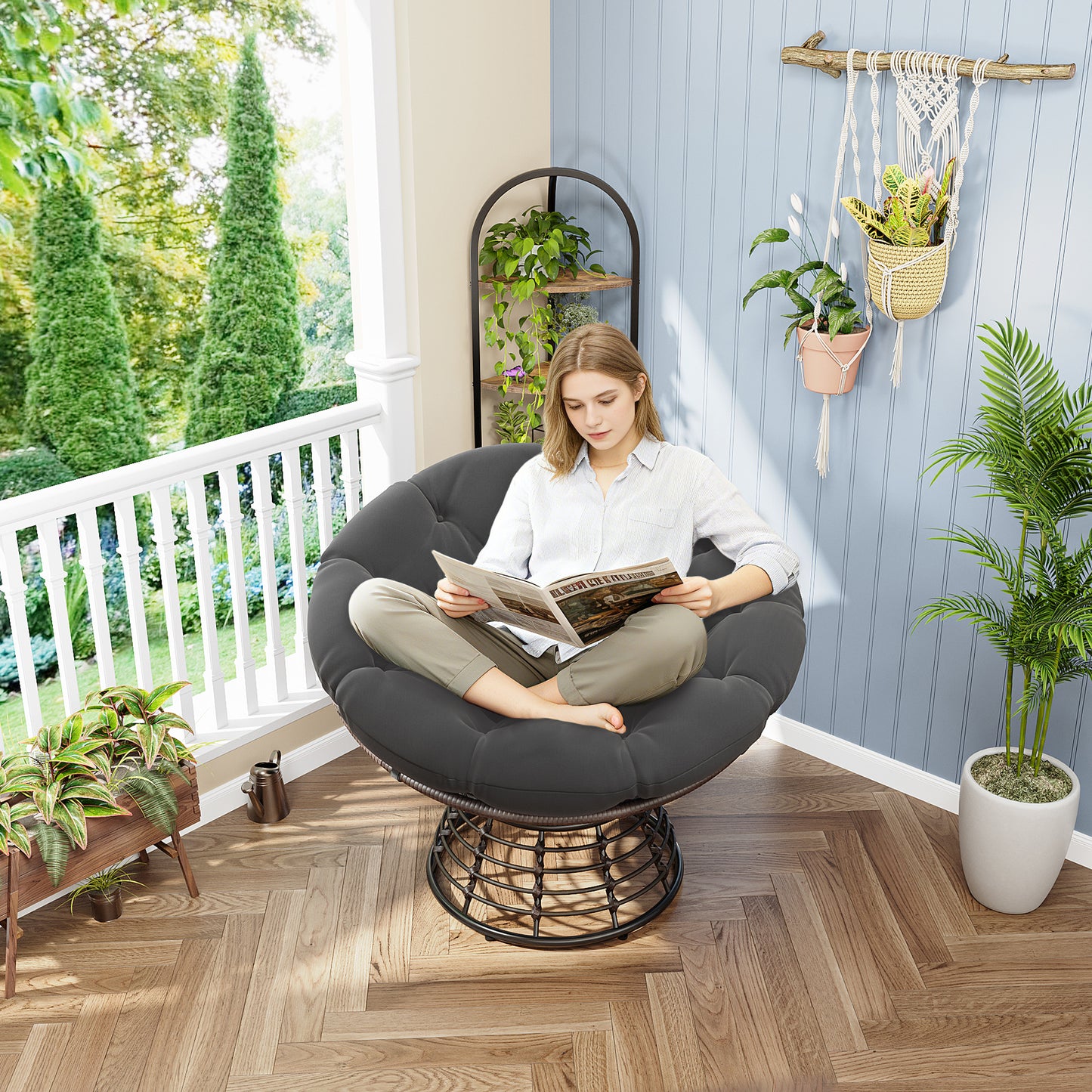 Comfortable Ergonomic Wicker Papasan Chair, 360 Swivel Indoor Outdoor Rattan Chair With Soft Thick Cushion, Ideal For Living Room, Bedroom, Reading Room, Brown Frame With Grey Cushion