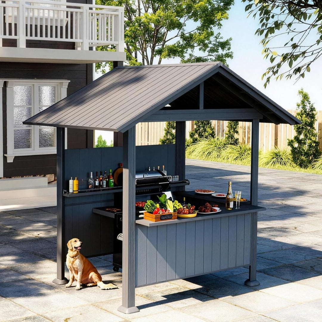 9.4X6.2 FT Hardtop Grill Gazebo, Gable Outdoor Grill Gazebo With Storage Shelves & Resin Shade System, Galvanized Steel Metal Hard Top Gazebo For Patio  Garden -Grey