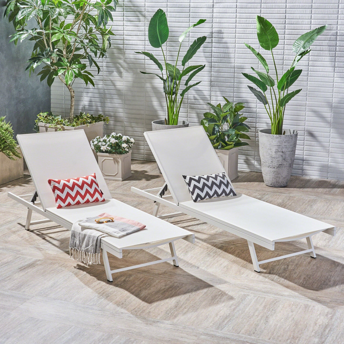 Outdoor Chaise Lounge Set Of 2, 5-Position Adjustable Backrest, White Steel Frame With Textilence Seat, Patio Poolside Reclining Chairs