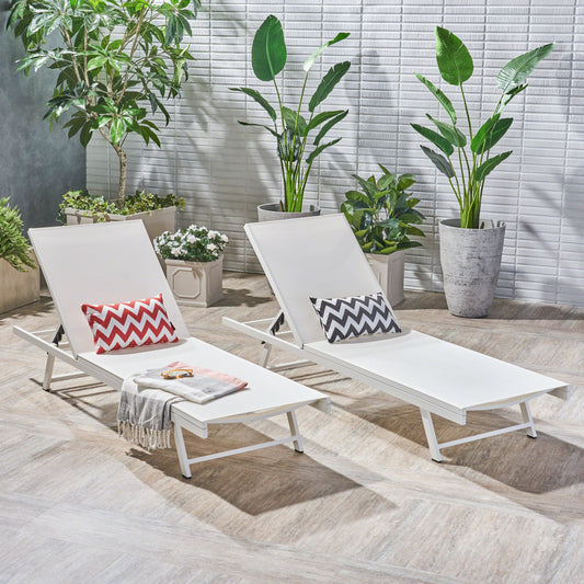 Outdoor Chaise Lounge Set Of 2, 5-Position Adjustable Backrest, White Steel Frame With Textilence Seat, Patio Poolside Reclining Chairs