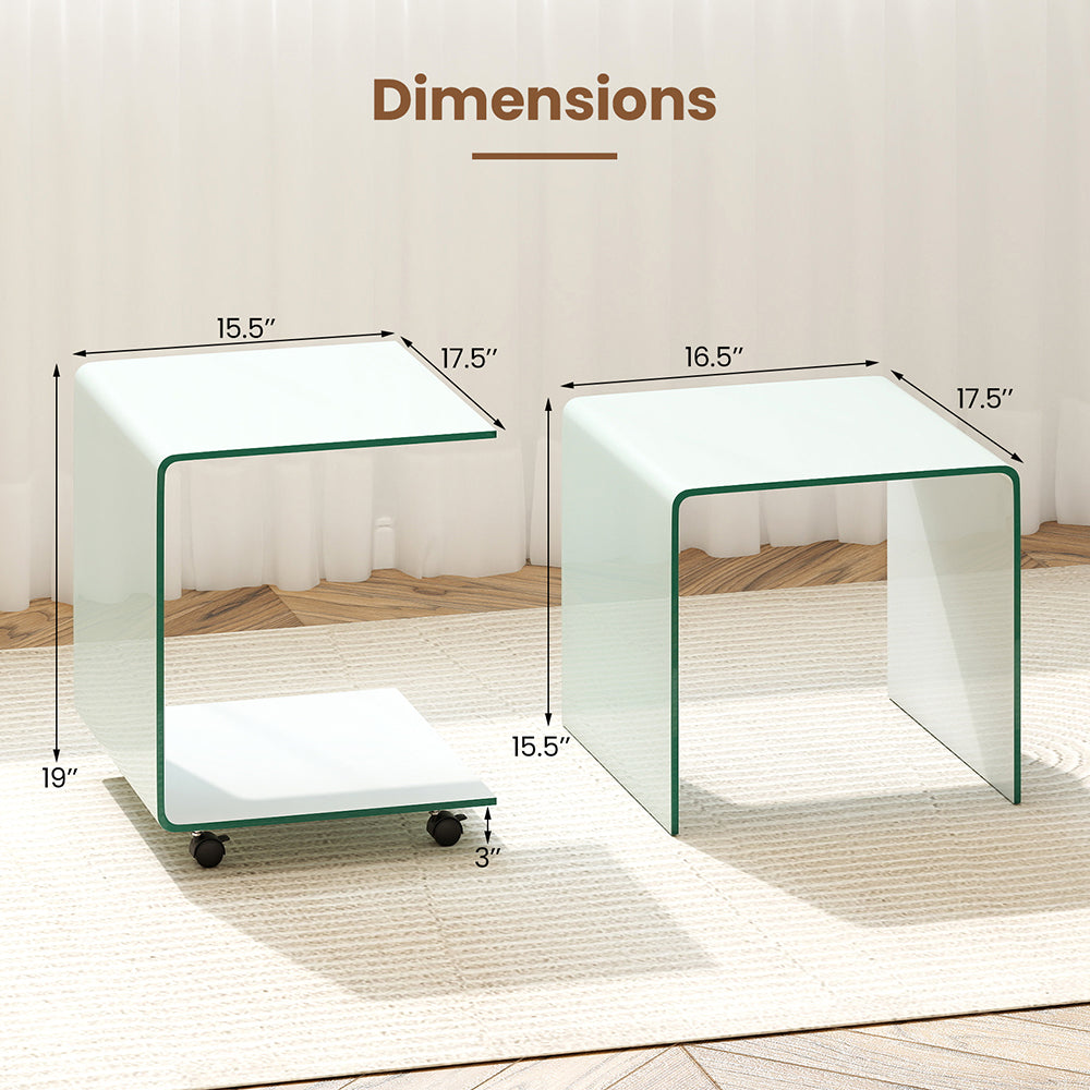 C Shaped End Table Modern Tempered Glass Side Table With Shelf With 4 Swivel Lockable Wheels  Coffee Table, Snack Table, Sofa Table, Laptop Table