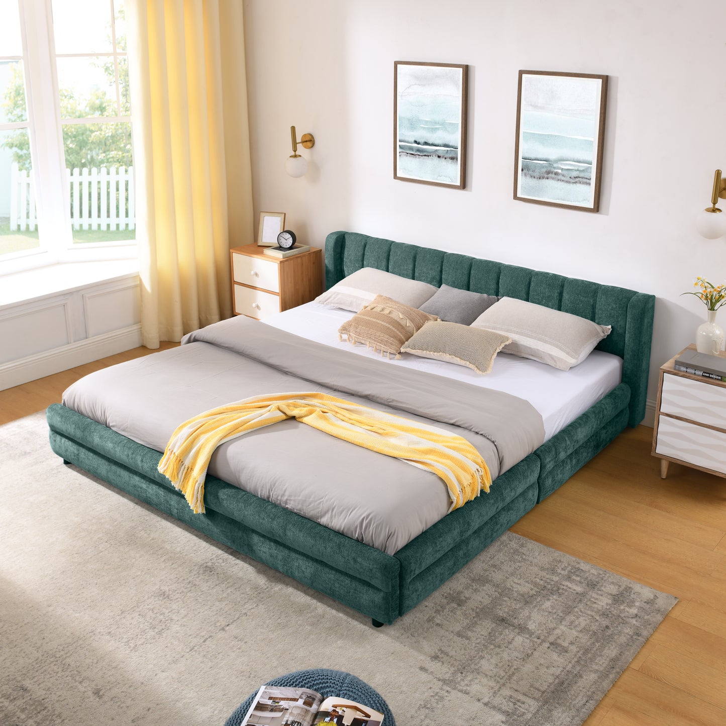 King Size Upholstered Bed Frame With Thick Fabric, Comfortable Upholstered Bed Frame, Chenille Fabric, With Headboard And Solid Bed Frame. With Drawer For Storage--Blue Green86.5 X84x 29.5