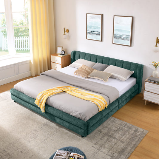 King Size Upholstered Bed Frame With Thick Fabric, Comfortable Upholstered Bed Frame, Chenille Fabric, With Headboard And Solid Bed Frame. With Drawer For Storage--Blue Green86.5 X84x 29.5