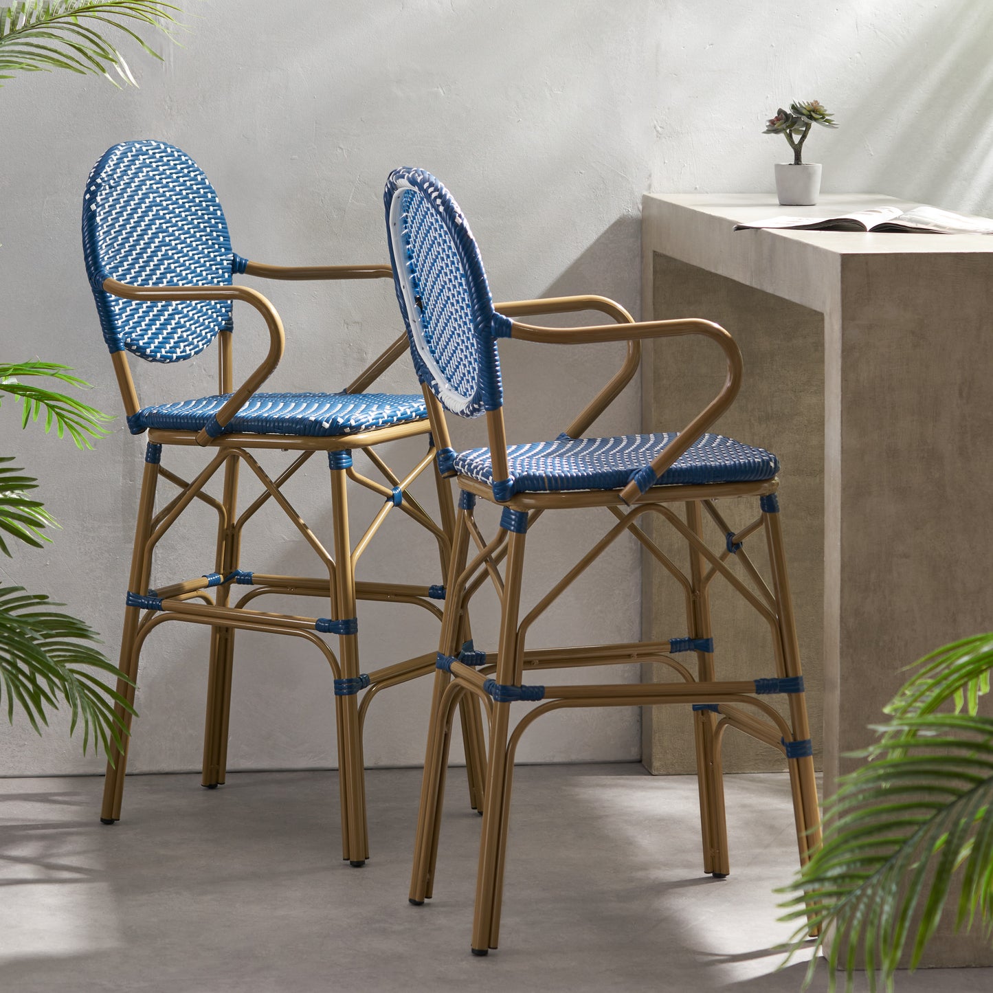 Outdoor Wicker And Aluminum 29.5 French Barstools, Set Of 2, Navy Blue, Bamboo Print Finish