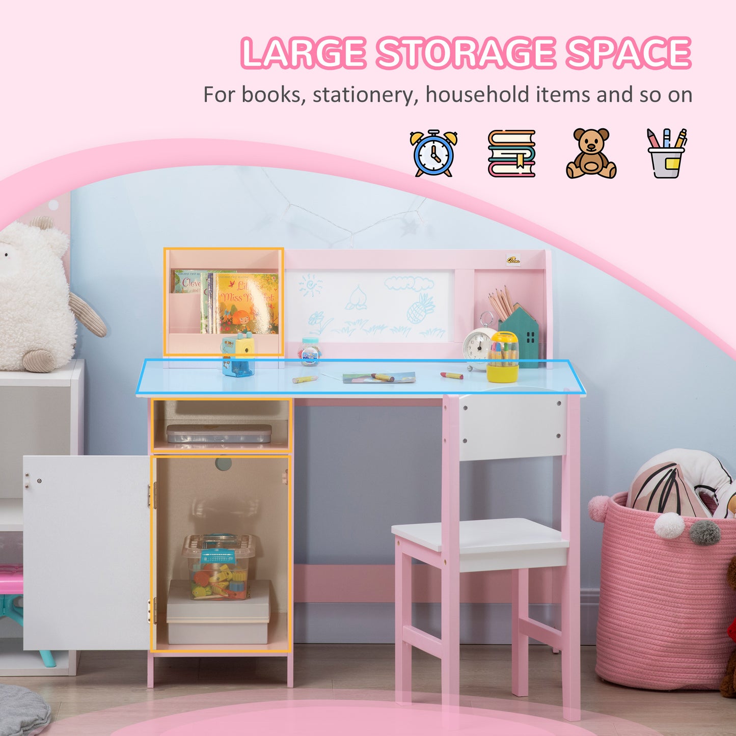 Toddler Table And Chair Set, Kids Writing Desk Homework Table With Whiteboard, Storage Cabinet, Pink