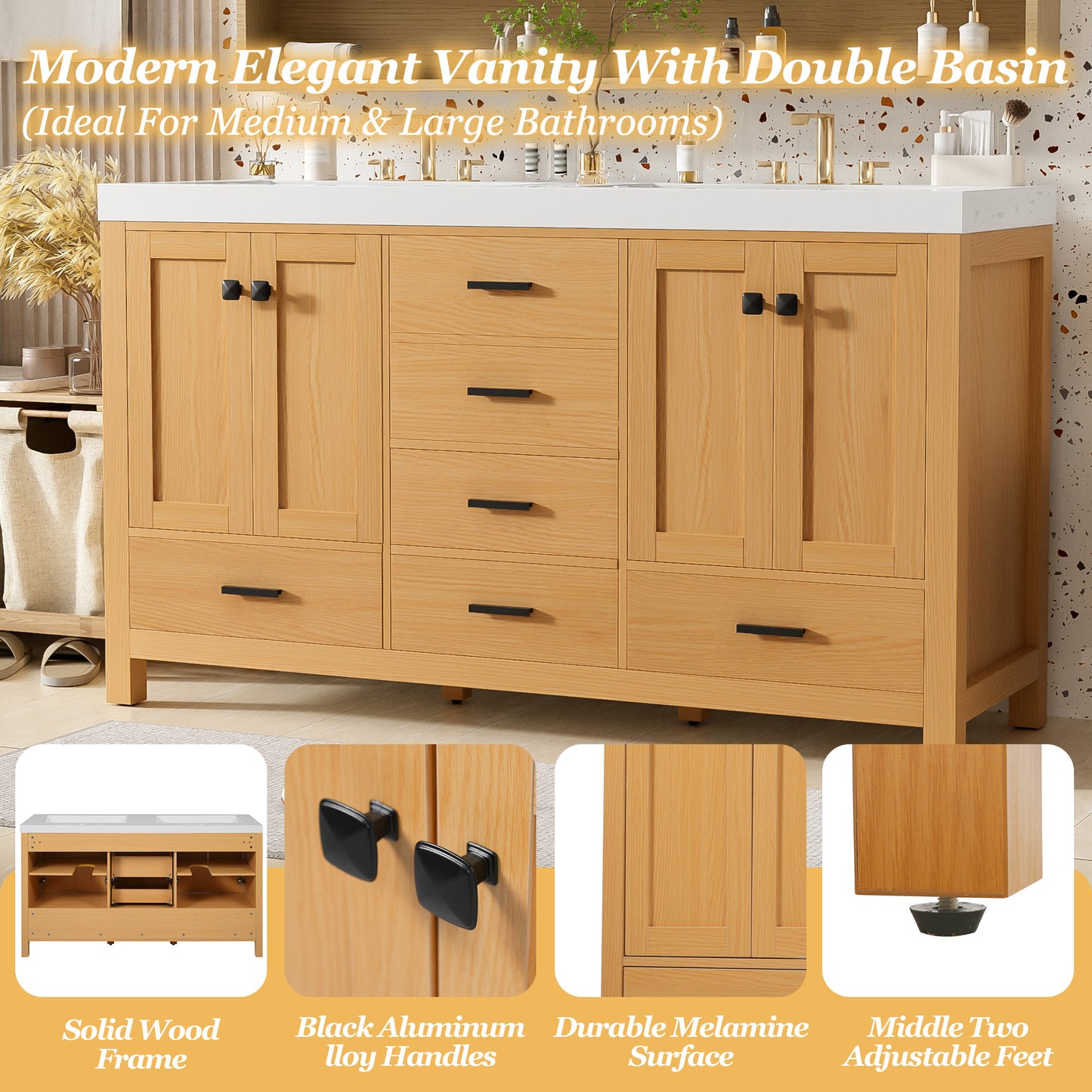 59.3  Bathroom Vanity With Solid Wood Frame & MDF Cabinet, Double SMC Resin Sink, Soft-Close Doors And Drawers, 4 Doors, 5 Drawers, Adjustable Shelves, Black Handles