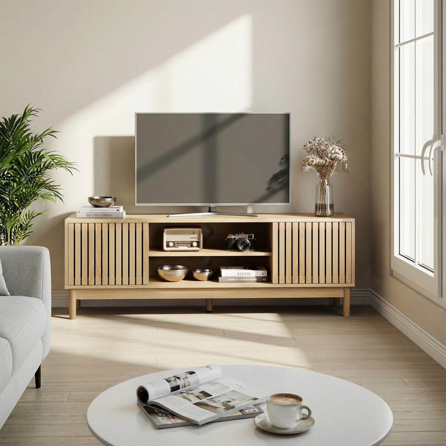 55-inch TV Stand, Mid-century Modern Style TV Stand Suitable For 55 65-inch TVs, Entertainment Center With Storage, Media Console For Living Room And Bedroom, Oak Color