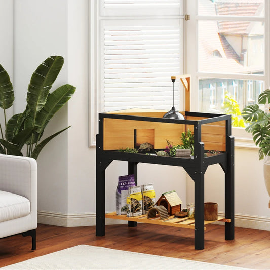 Wooden Tortoise Habitat With Storage Shelf, Tortoise Enclosure With Clear Windows, Openable Top, Lamp Holder, Yellow