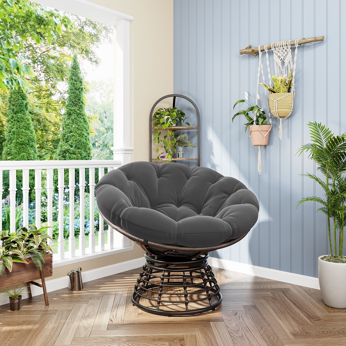 Comfortable Ergonomic Wicker Papasan Chair, 360 Swivel Indoor Outdoor Rattan Chair With Soft Thick Cushion, Ideal For Living Room, Bedroom, Reading Room, Brown Frame With Grey Cushion