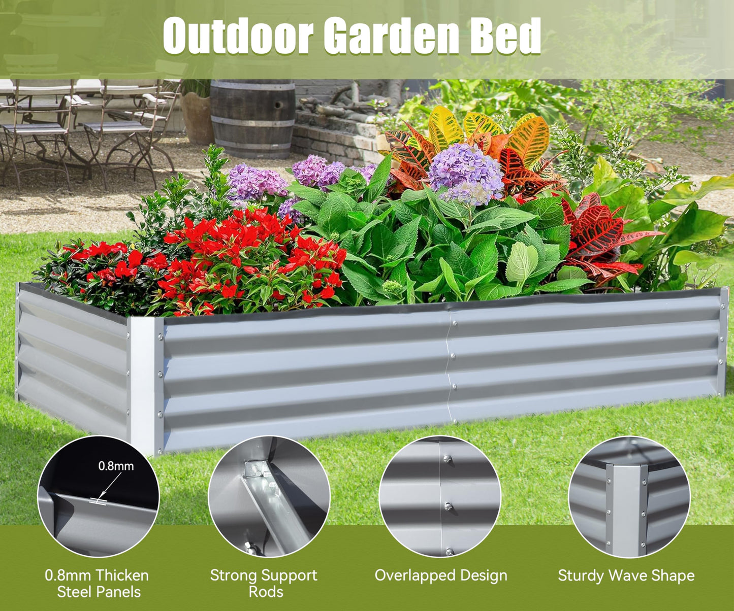 6x3x1ft Galvanized Raised Garden Bed, Outdoor Planter Garden Boxes Large Metal Planter Box For Gardening Vegetables Fruits Flowers, Silvery