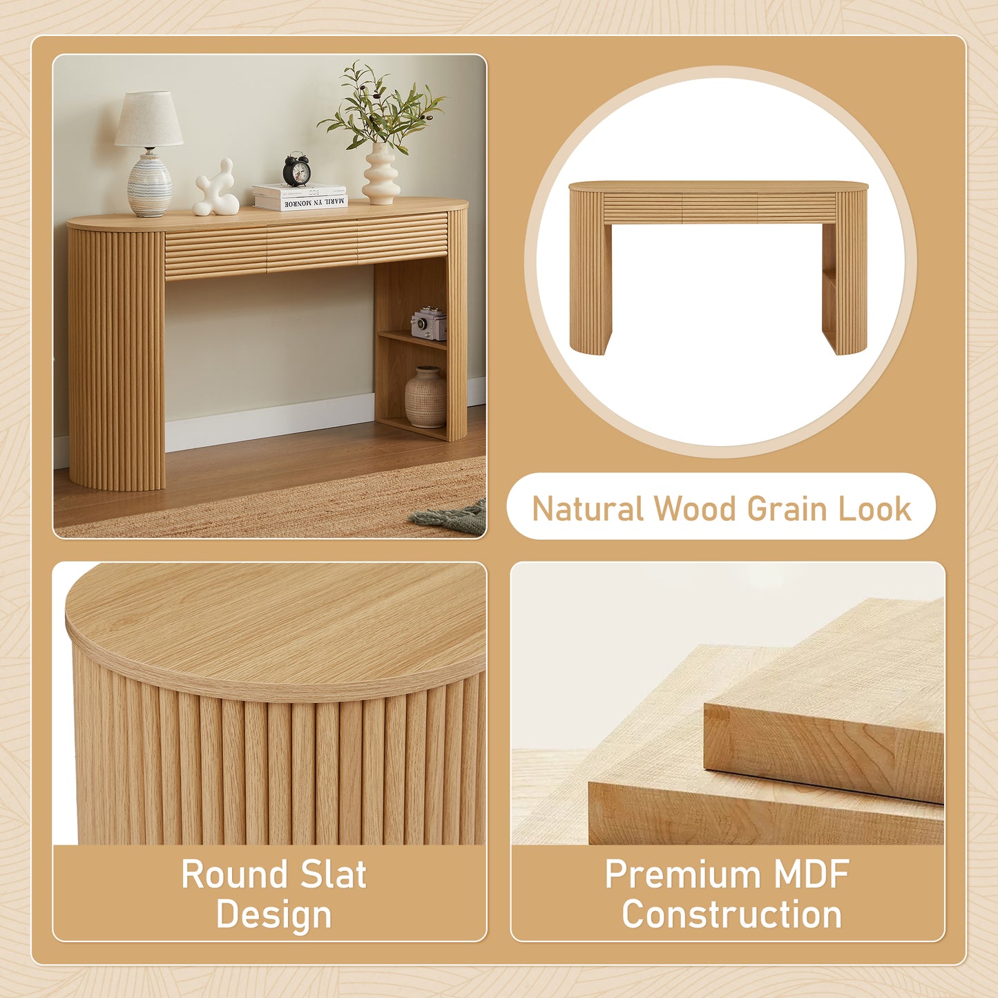 Retro Console Table With Storage, 3 Drawers, 1 Table-Leg Niche,  Round Slat Aesthetic, Entryway, Living Room & Hallway, Nature