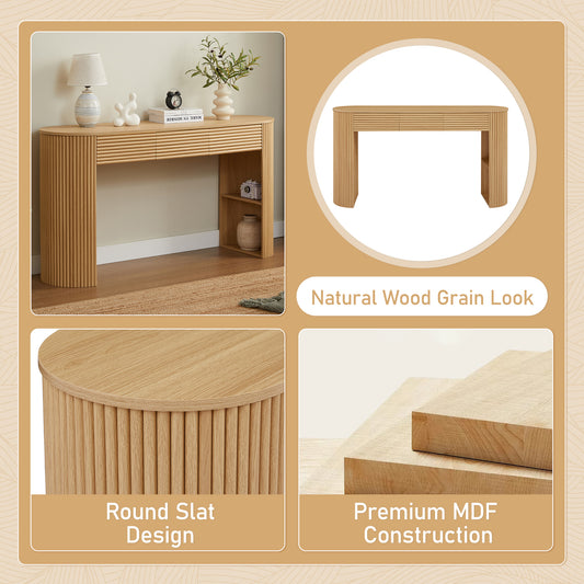 Retro Console Table With Storage, 3 Drawers, 1 Table-Leg Niche,  Round Slat Aesthetic, Entryway, Living Room & Hallway, Nature