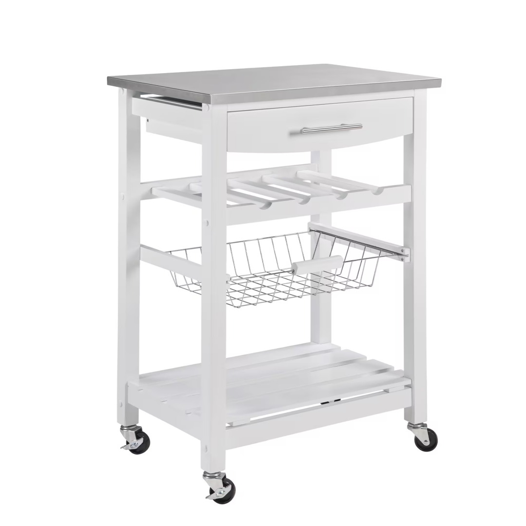 Mobile Rolling Kitchen Island Trolley Serving Cart With Underneath Drawer & Slide-Out Wire Storage Basket