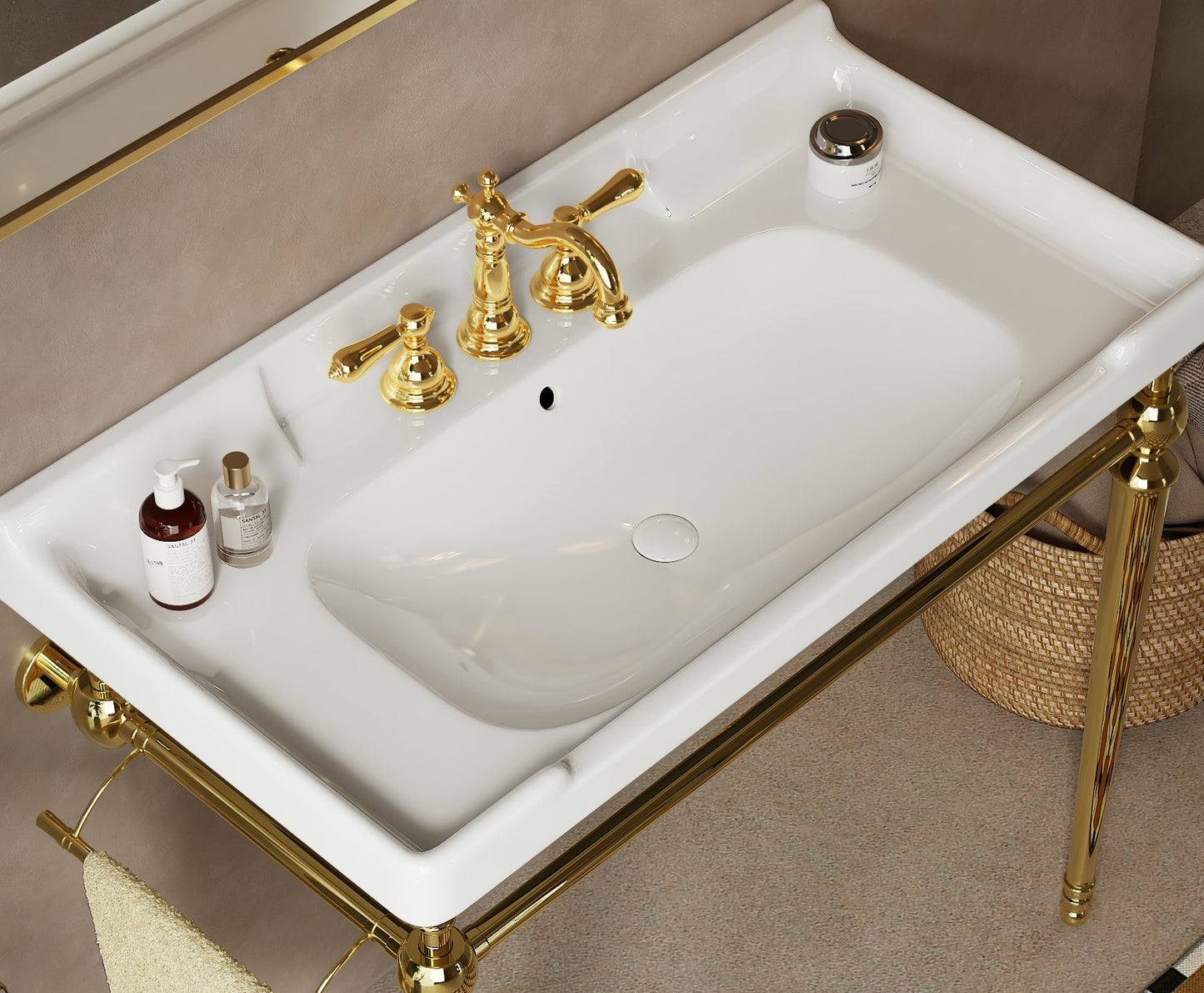 VICI 36 Bathroom Console Sink, Wall-Mounted White Ceramic Vanity Basin With 3 Pre-drilled Faucet Holes, Freestanding Stainless Steel Support Legs With Towel Bar, No Faucet & Sink Cover, Gold Color