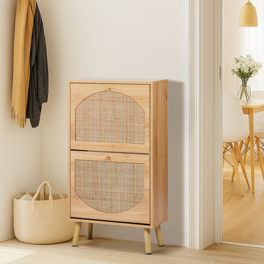 2-Tilt Shoe Cabinet With Arched Rattan Surface, MDF With Triamine, 54x24x98cm, Natural Wood Color