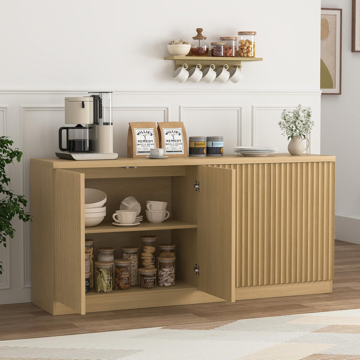 Buffet Cabinet With Storage, 62.60 Sideboard Cabinet With 4 Doors & Shelves, Wooden Kitchen Coffee Bar Credenza Storage For Living Room, Hallway Natural