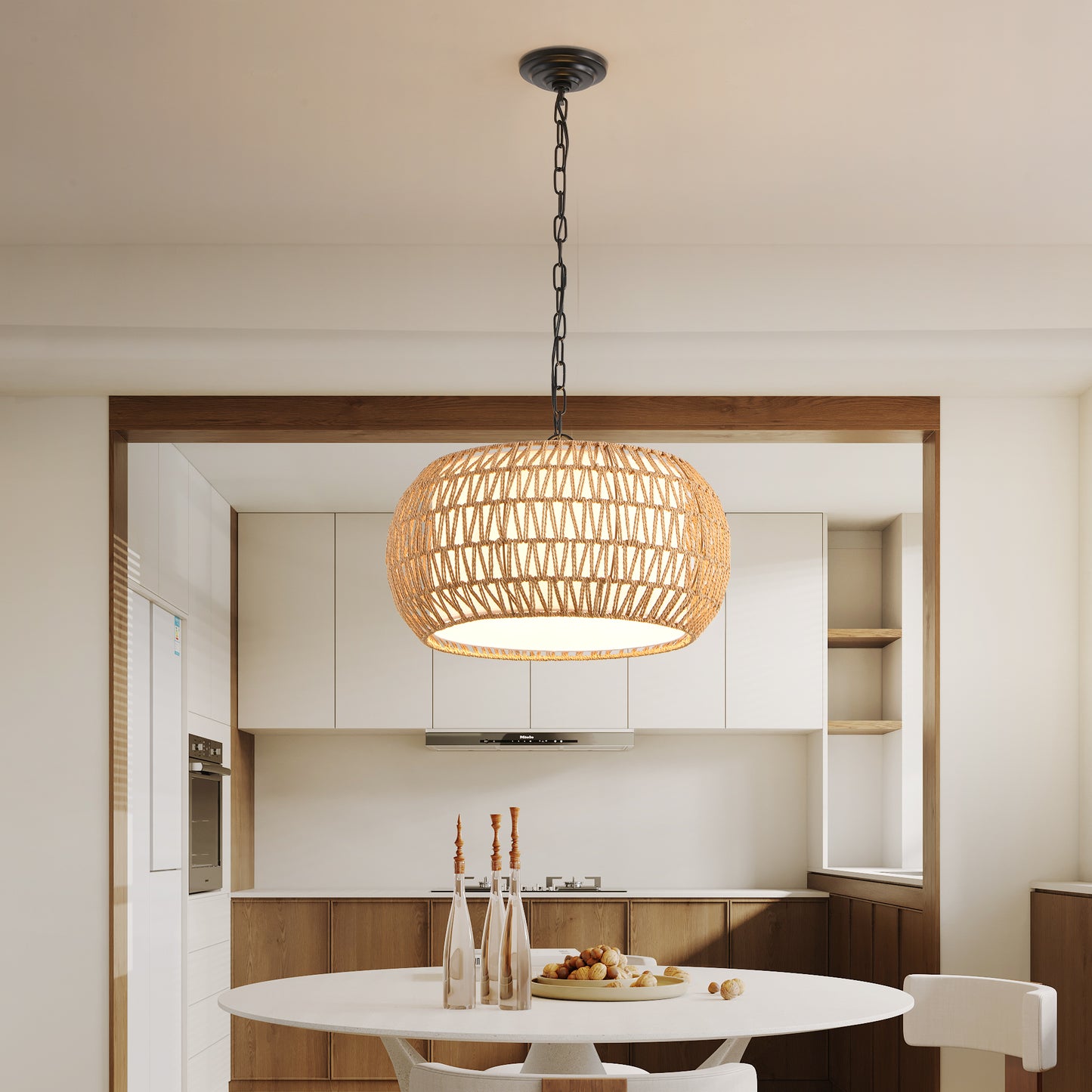 18inch Farmhouse Pendant Light With Adjustable Height, Boho Woven Jute Rope Hanging Ceiling Light Fixture, E26 Base, 60W Max, Compatible With Flat, Vaulted, And Sloped Ceil Bulb Not Included