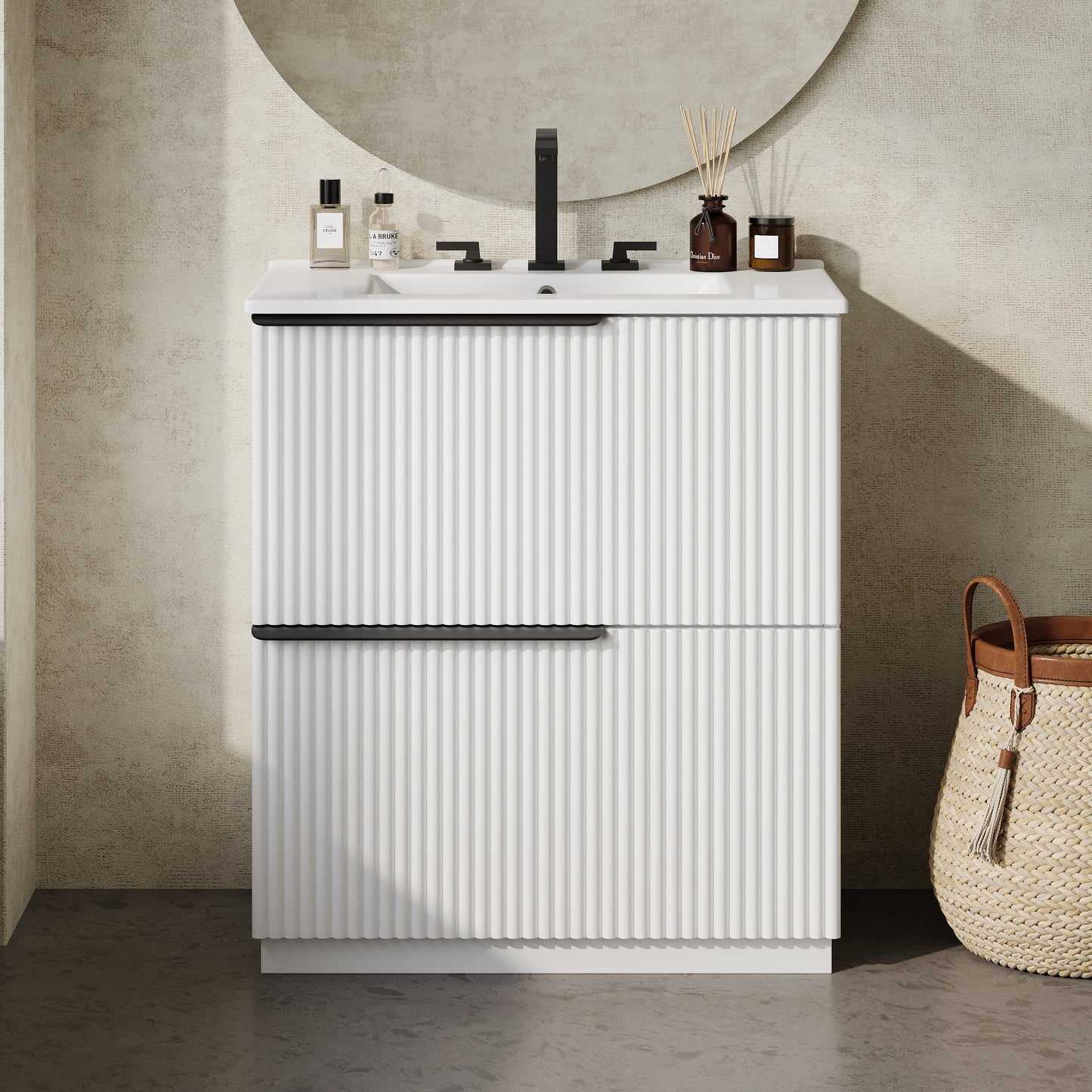 30  Bathroom Vanity With Ceramic Sink And Full-Extension Drawers, Freestanding Bathroom Vanity With Soft Close Drawer Slides, Fluted Design, White