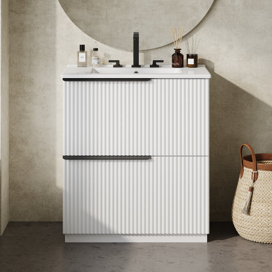 30  Bathroom Vanity With Ceramic Sink And Full-Extension Drawers, Freestanding Bathroom Vanity With Soft Close Drawer Slides, Fluted Design, White