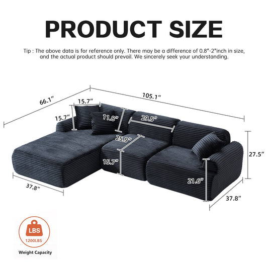 105'' Modular Sectional Sofa Couch ,Boneless Couch, Compressed Couch, Detachable And Washable, Replaceable Sofa Cover, Modern Woven-Textured Upholstery, Convertible L-Shaped Design For Living Room