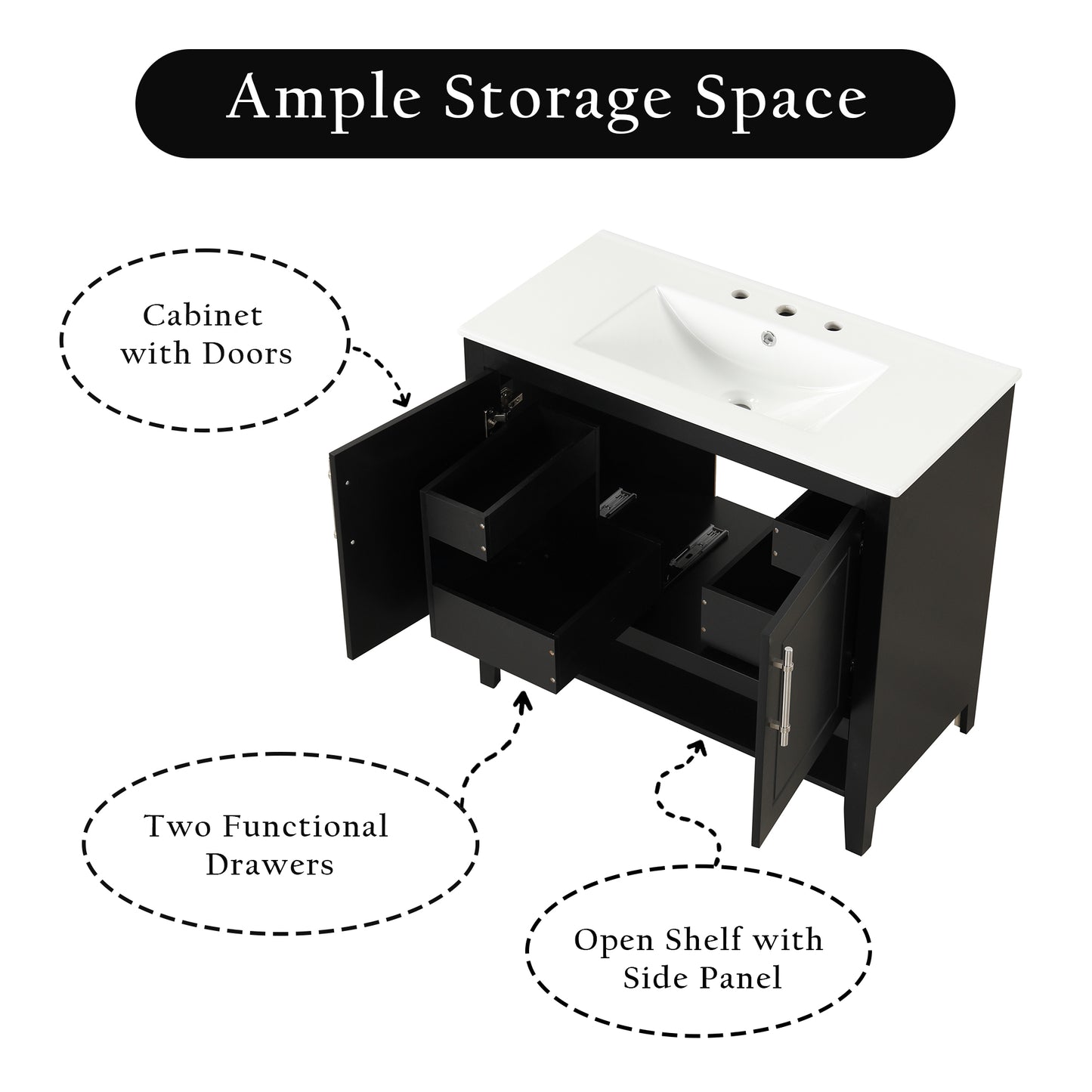 36  Bathroom Vanity With Sink, Multi-functional Bathroom Cabinet With Doors And Drawers, MDF Frame And MDF Board, Black
