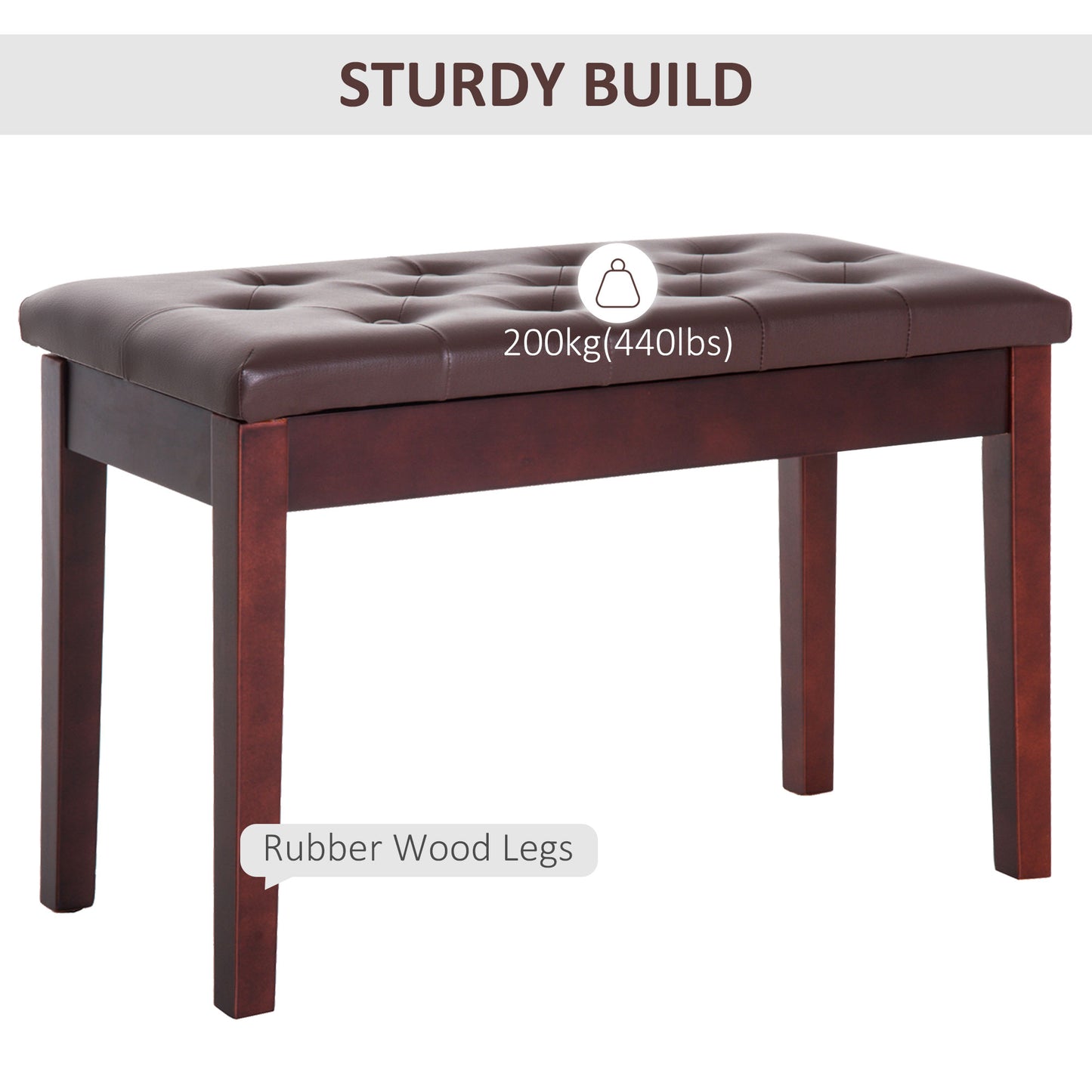 Piano Bench, Duet Piano Chair With Faux Leather Padded Cushion And Wooden Frame, Button Tufted Keyboard Bench, Brown