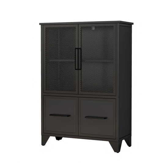 Storage Cabinet With 4 Iron Doors,Black Metal Handle,Sideboard With Adjustable Shelf,Black Sturdy Metal Frame And Metal Legs,Easy Assemble,For Living Room,Kitchen,Black