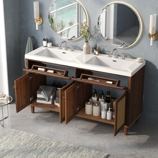 60 Inch Bathroom Vanity With Double Sink   SMC Sink  , Large Storage Space With 2 Tip-Out Trays   Flip-Out Drawers And 4 Soft Closing Doors, Solid Wood Legs And Silver Metal Knobs, Brown