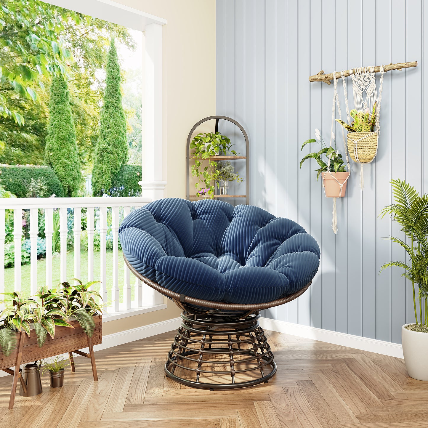 Comfortable Ergonomic Wicker Papasan Chair, 360 Swivel Indoor Outdoor Rattan Chair With Soft Thick Cushion, Ideal For Living Room, Bedroom, Reading Room, Brown Frame With Navy Blue Cushion